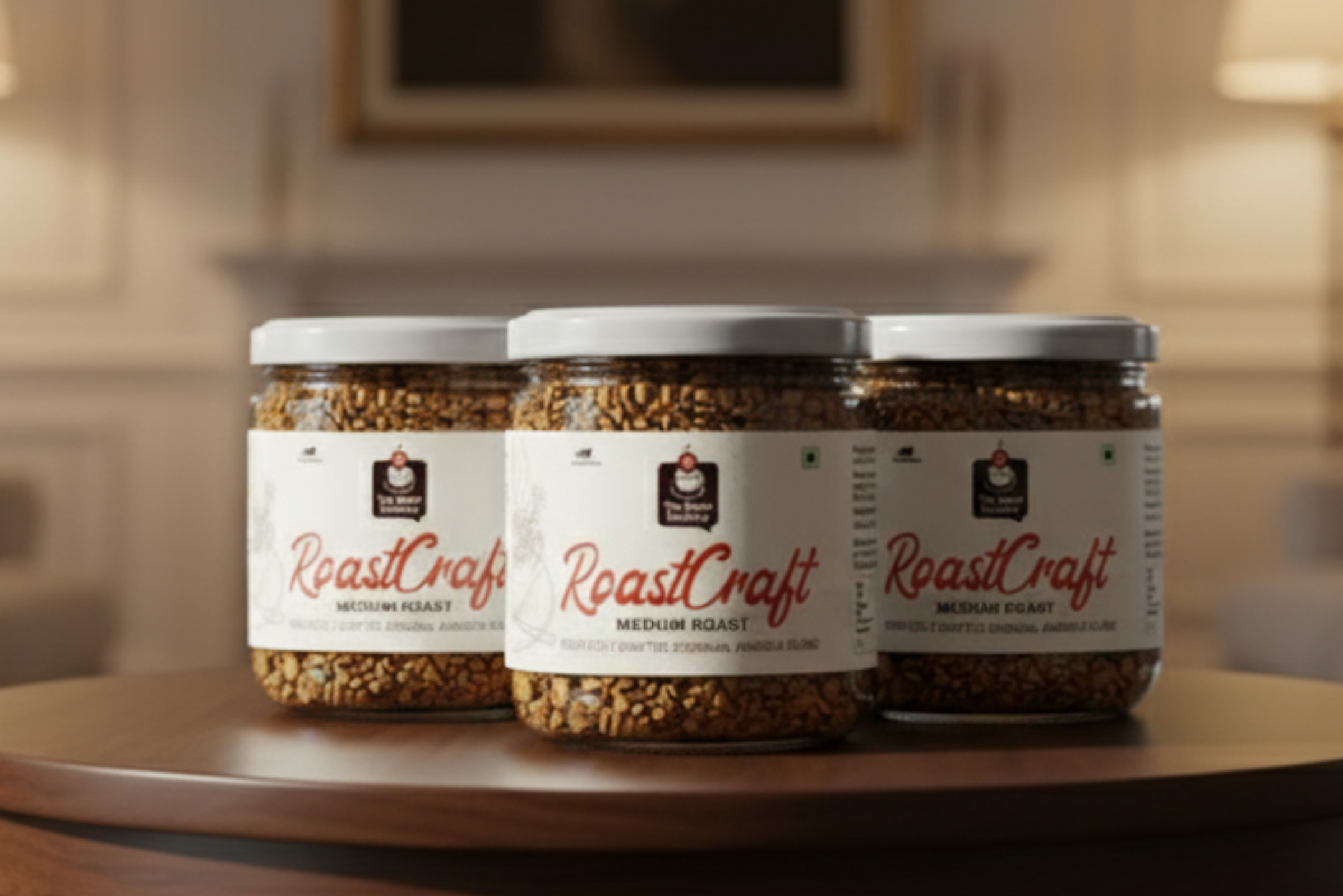 Three jars of RoastCraft coffee on a table with a blurred background